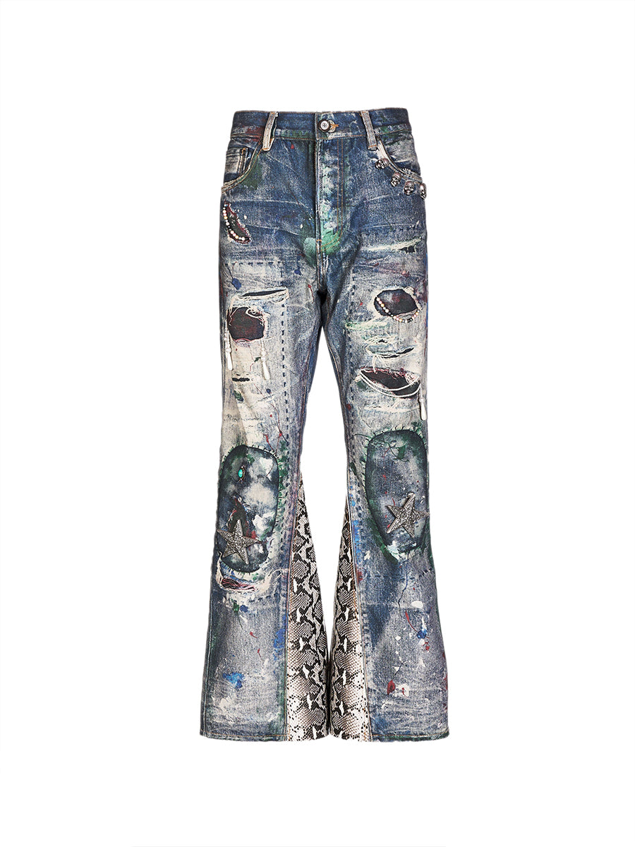 GLACIERBOY RAP STAR SERIES 3D Printed Snake Pattern Spliced Waxed Denim Jeans