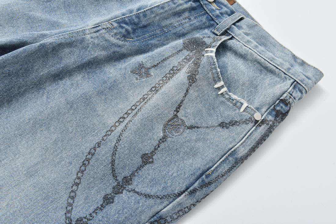 BORC Chain Ink Print Detailed Patch Jeans